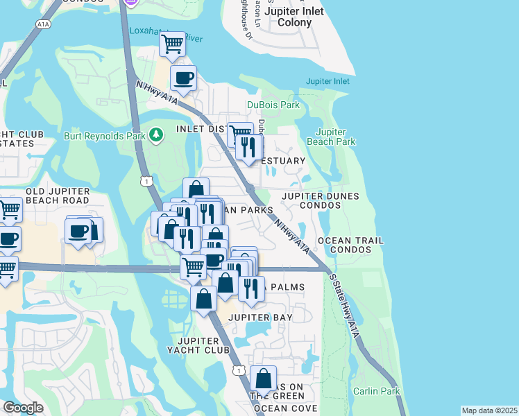 map of restaurants, bars, coffee shops, grocery stores, and more near 400 Florida A1A in Jupiter