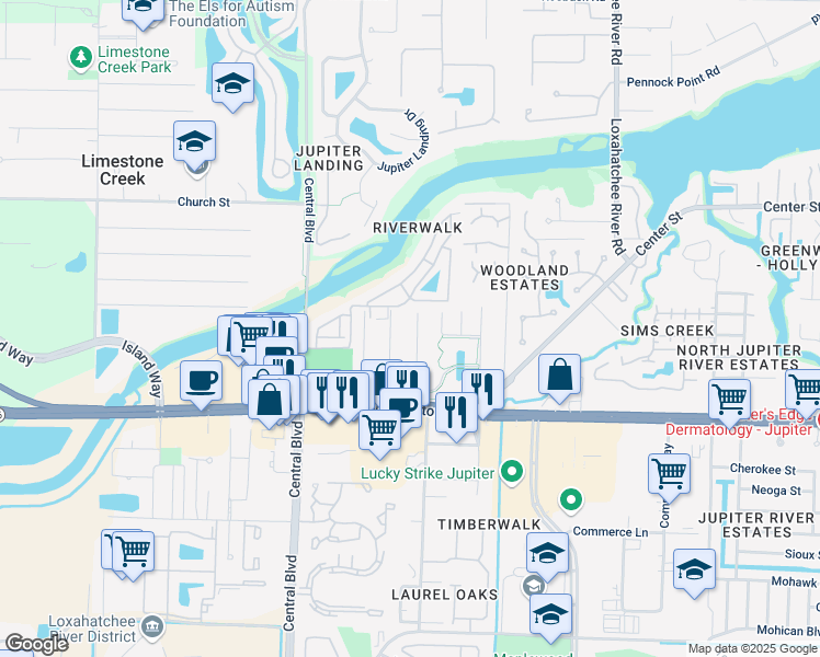 map of restaurants, bars, coffee shops, grocery stores, and more near 17683 Carver Avenue in Jupiter