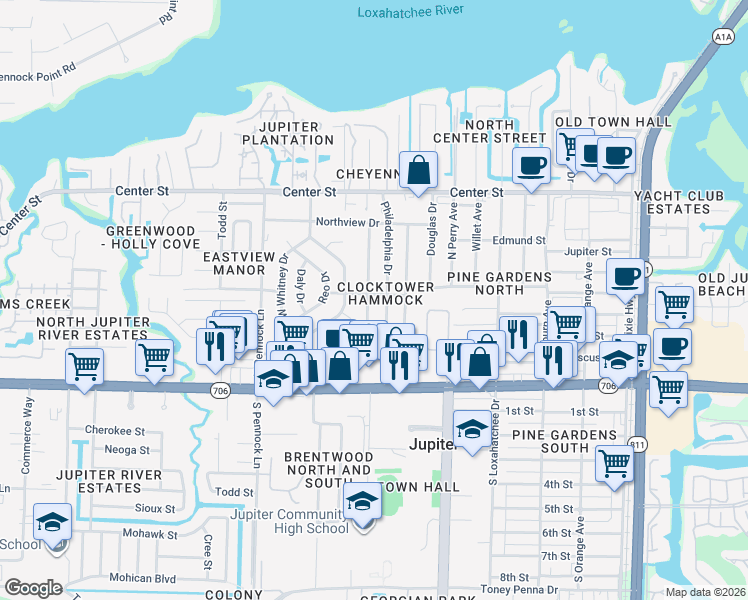 map of restaurants, bars, coffee shops, grocery stores, and more near 312 Erie Drive in Jupiter