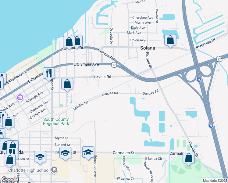 map of restaurants, bars, coffee shops, grocery stores, and more near 25290 Dundee Road in Punta Gorda