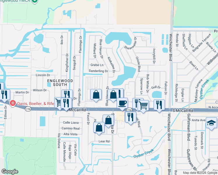map of restaurants, bars, coffee shops, grocery stores, and more near 1550 Blue Heron Drive in Englewood
