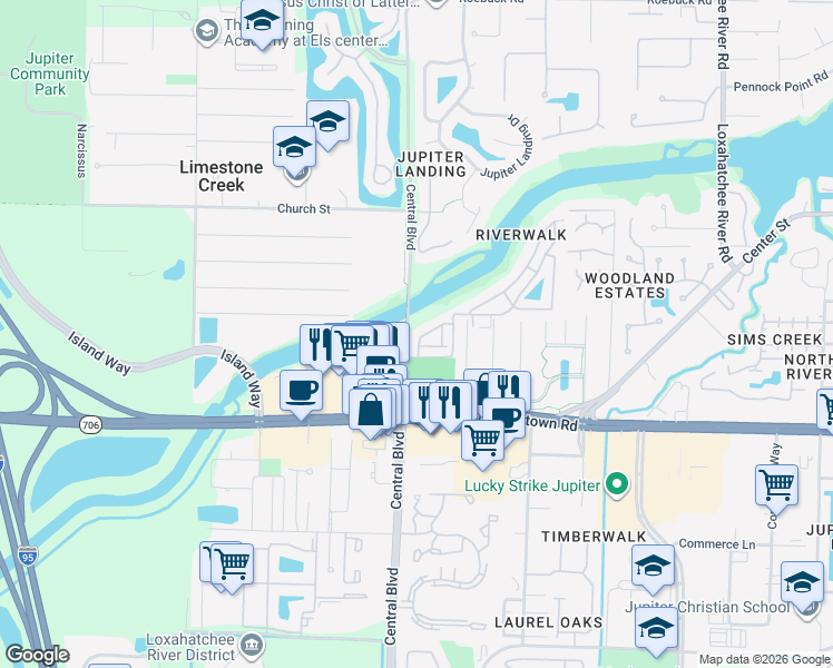 map of restaurants, bars, coffee shops, grocery stores, and more near 6327 Riverwalk Lane in Jupiter