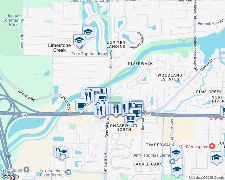 map of restaurants, bars, coffee shops, grocery stores, and more near 6327 Riverwalk Lane in Jupiter