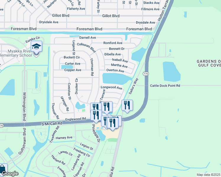 map of restaurants, bars, coffee shops, grocery stores, and more near 13503 Longwood Avenue in Port Charlotte