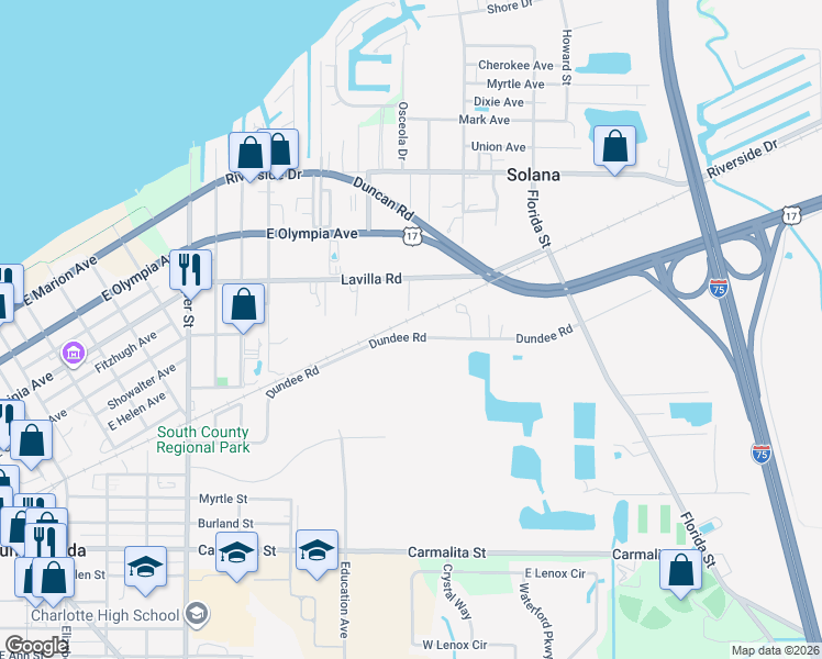 map of restaurants, bars, coffee shops, grocery stores, and more near 25290 Dundee Road in Punta Gorda