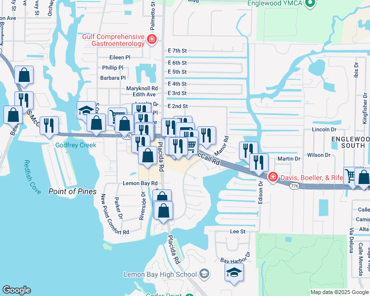 map of restaurants, bars, coffee shops, grocery stores, and more near 1951 South McCall Road in Englewood