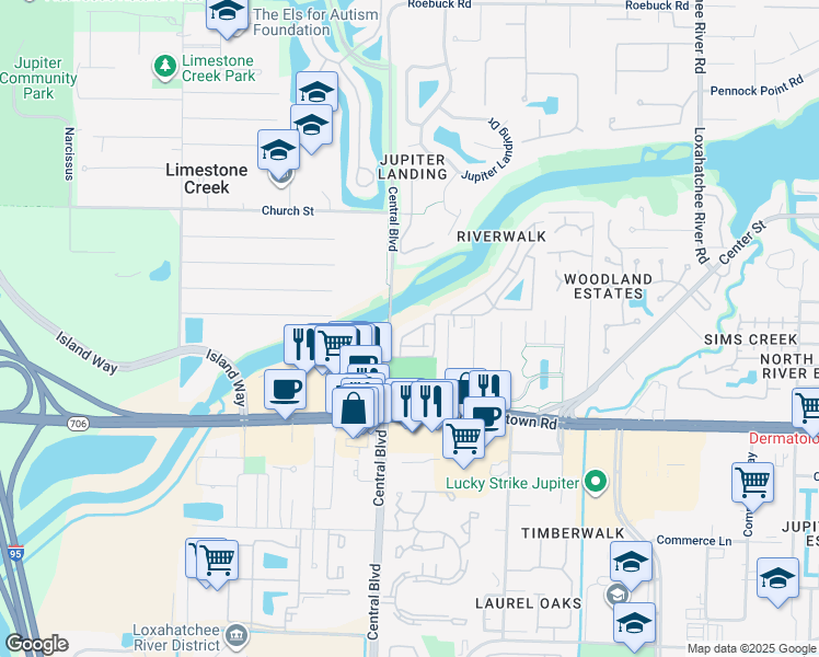 map of restaurants, bars, coffee shops, grocery stores, and more near 6359-2 Riverwalk Lane in Jupiter