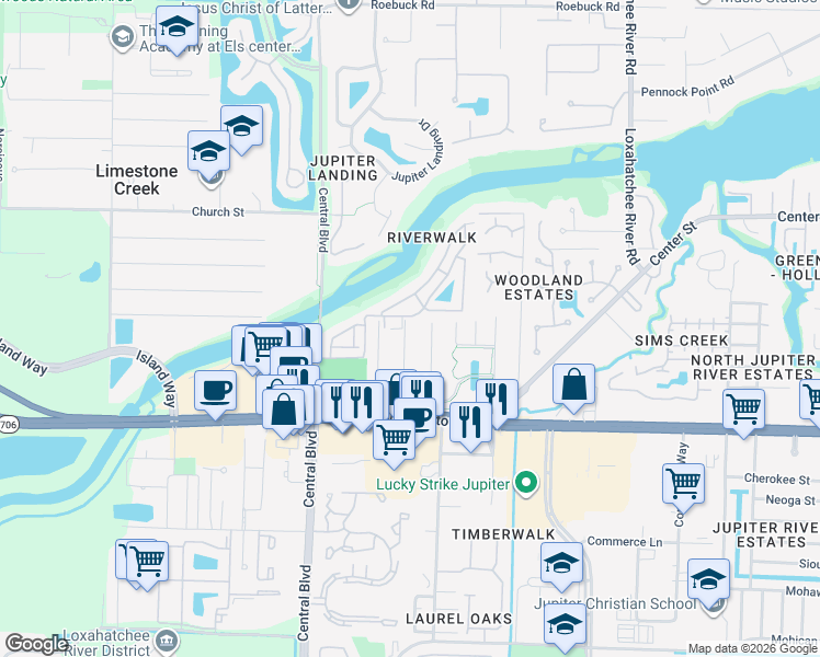 map of restaurants, bars, coffee shops, grocery stores, and more near 17683 Carver Avenue in Jupiter