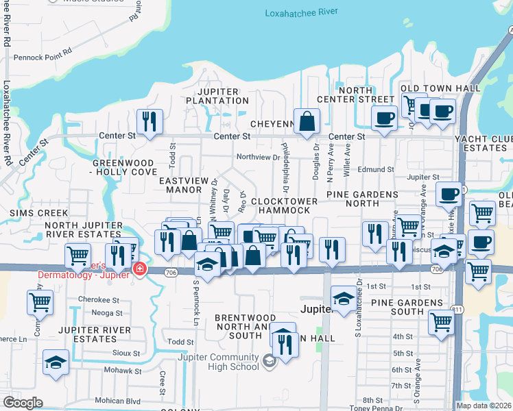 map of restaurants, bars, coffee shops, grocery stores, and more near 400 East Whitney Drive in Jupiter