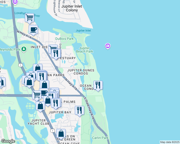 map of restaurants, bars, coffee shops, grocery stores, and more near 201 Ocean Trail Way in Jupiter