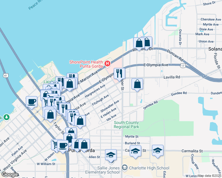 map of restaurants, bars, coffee shops, grocery stores, and more near 452 Mary Street in Punta Gorda