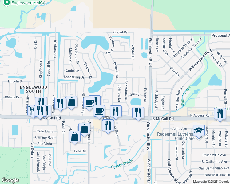 map of restaurants, bars, coffee shops, grocery stores, and more near 6312 Oriole Boulevard in Englewood