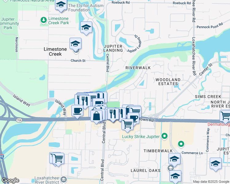 map of restaurants, bars, coffee shops, grocery stores, and more near 6303 Riverwalk Lane in Jupiter