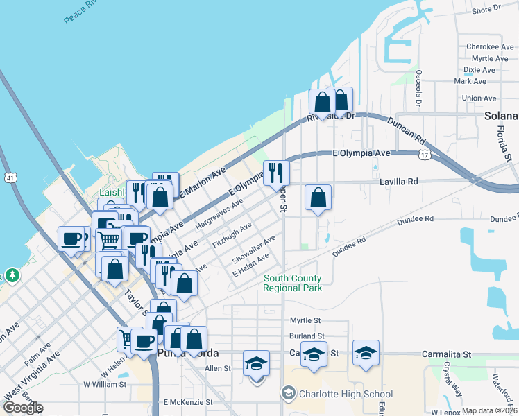 map of restaurants, bars, coffee shops, grocery stores, and more near 639 Hargreaves Avenue in Punta Gorda