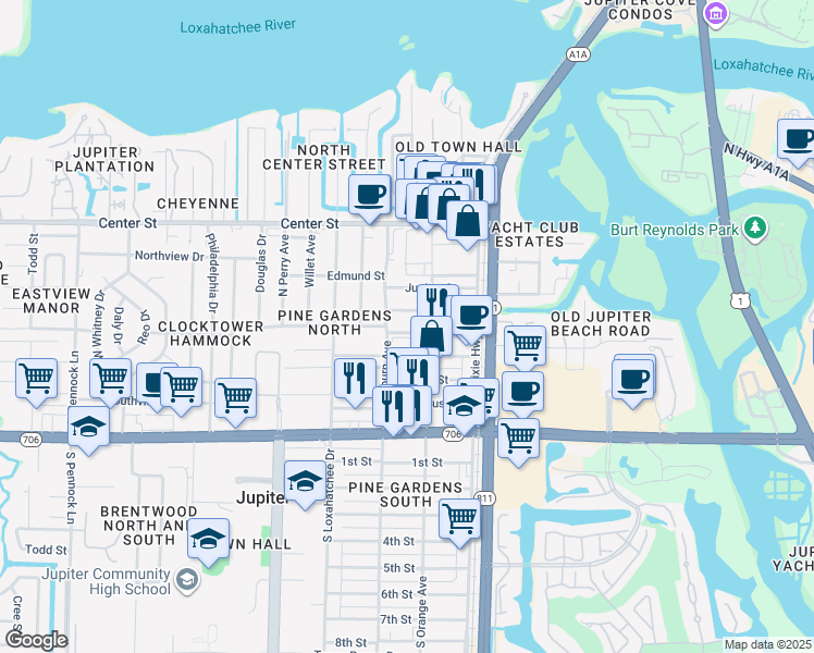 map of restaurants, bars, coffee shops, grocery stores, and more near 237 Juno Street in Jupiter