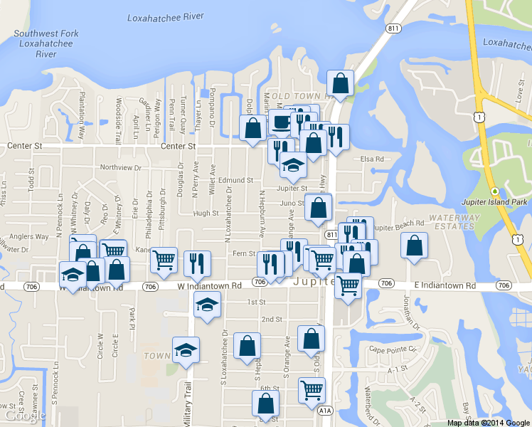 map of restaurants, bars, coffee shops, grocery stores, and more near 245 Venus Street in Jupiter