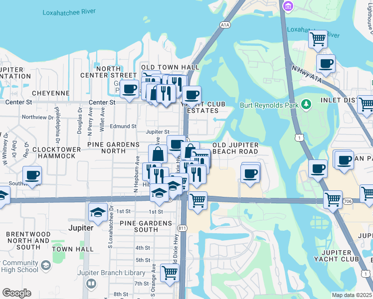 map of restaurants, bars, coffee shops, grocery stores, and more near 401 Florida A1A Alternate in Jupiter