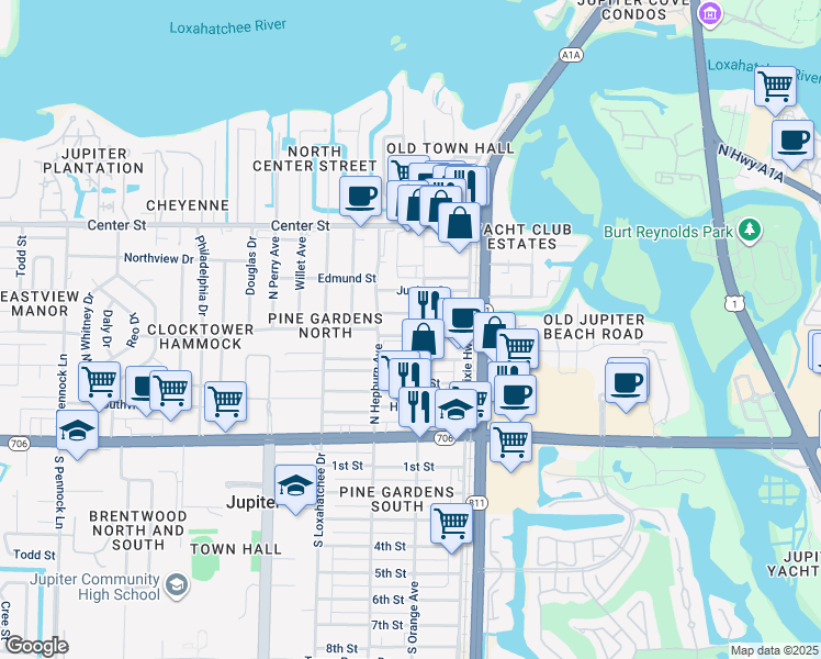 map of restaurants, bars, coffee shops, grocery stores, and more near 153 Juno Street in Jupiter