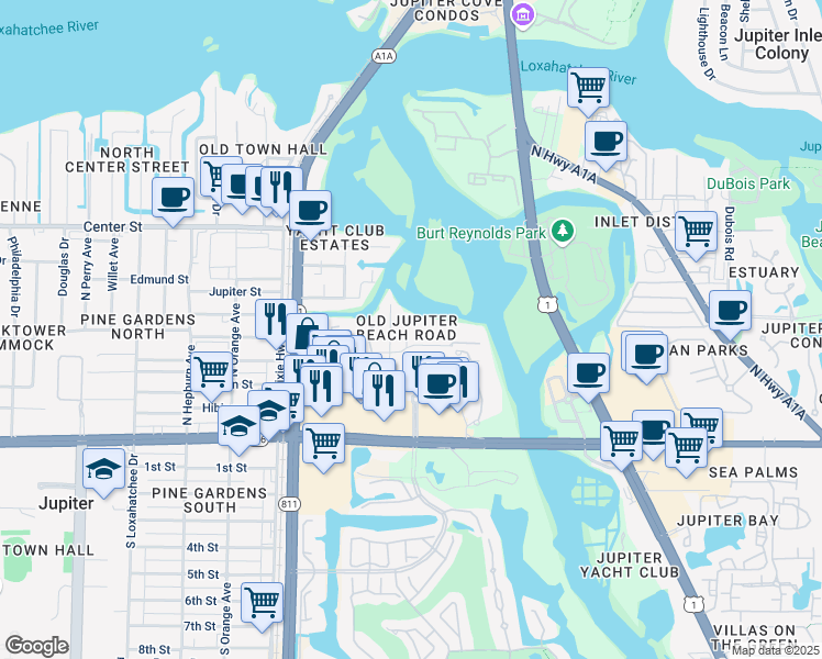 map of restaurants, bars, coffee shops, grocery stores, and more near 301 Old Jupiter Beach Road in Jupiter