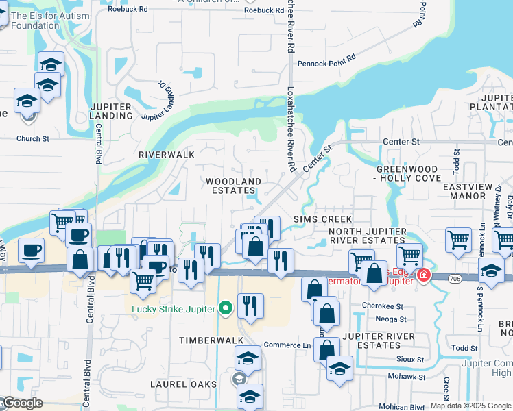 map of restaurants, bars, coffee shops, grocery stores, and more near 5815 Stonewood Court in Jupiter