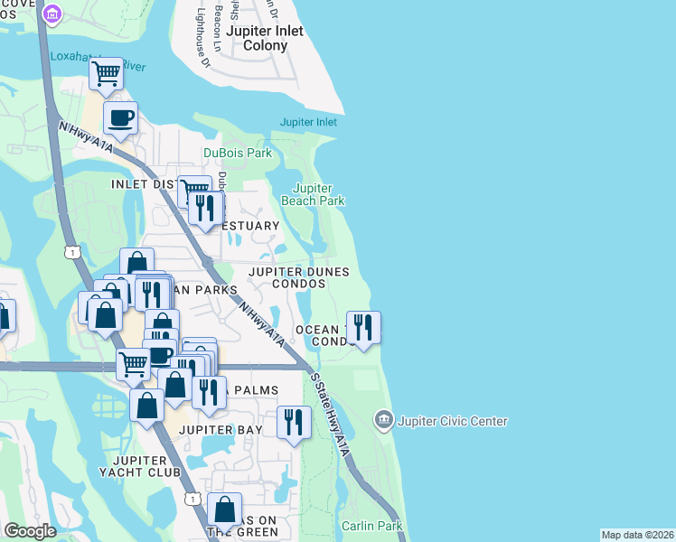 map of restaurants, bars, coffee shops, grocery stores, and more near 400 Jupiter Beach Road in Jupiter