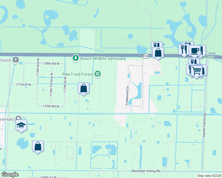 map of restaurants, bars, coffee shops, grocery stores, and more near 17745 Bridle Lane in Jupiter