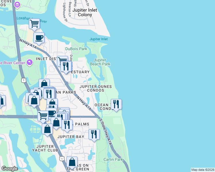 map of restaurants, bars, coffee shops, grocery stores, and more near 400 Jupiter Beach Road in Jupiter
