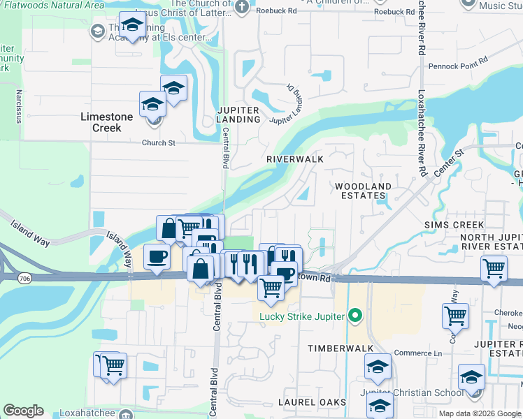 map of restaurants, bars, coffee shops, grocery stores, and more near 6328 Riverwalk Lane in Jupiter