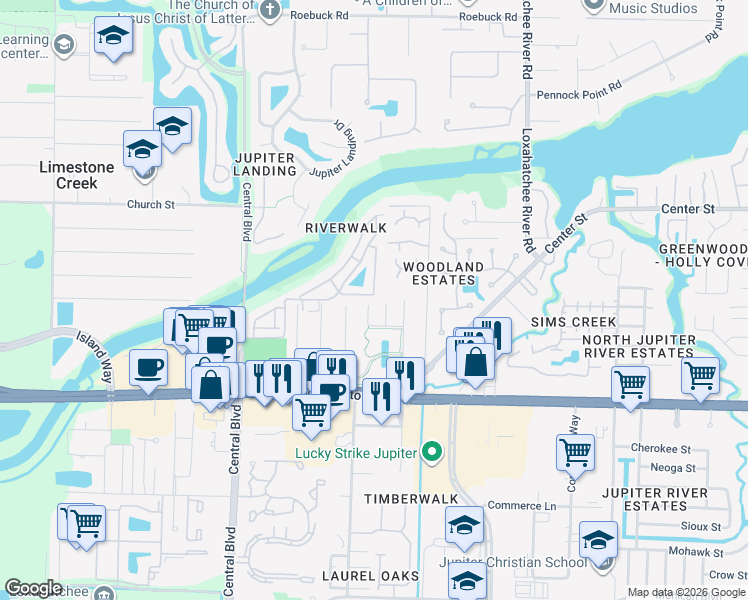 map of restaurants, bars, coffee shops, grocery stores, and more near 6230 Riverwalk Lane in Jupiter