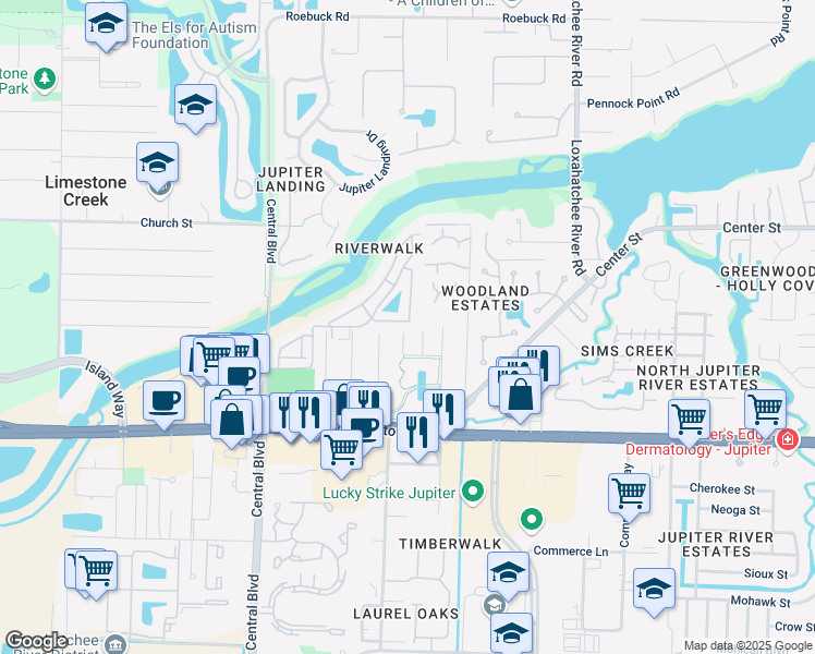 map of restaurants, bars, coffee shops, grocery stores, and more near 6230 Riverwalk Lane in Jupiter