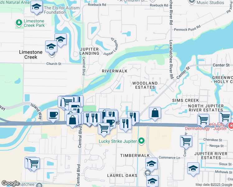 map of restaurants, bars, coffee shops, grocery stores, and more near 6263 Riverwalk Lane in Jupiter
