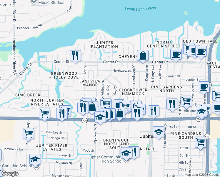map of restaurants, bars, coffee shops, grocery stores, and more near 504 Reo Drive in Jupiter