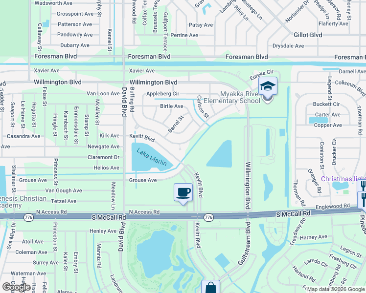 map of restaurants, bars, coffee shops, grocery stores, and more near 12542 Buffing Road in Port Charlotte
