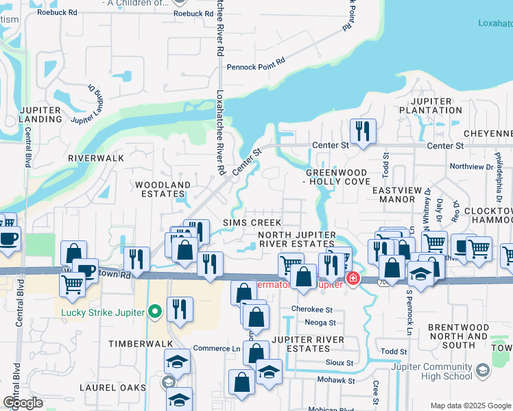 map of restaurants, bars, coffee shops, grocery stores, and more near 1321 Chippewa Street in Jupiter
