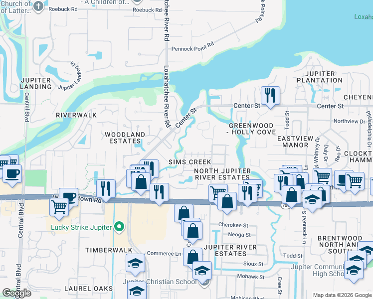 map of restaurants, bars, coffee shops, grocery stores, and more near 1321 Chippewa Street in Jupiter