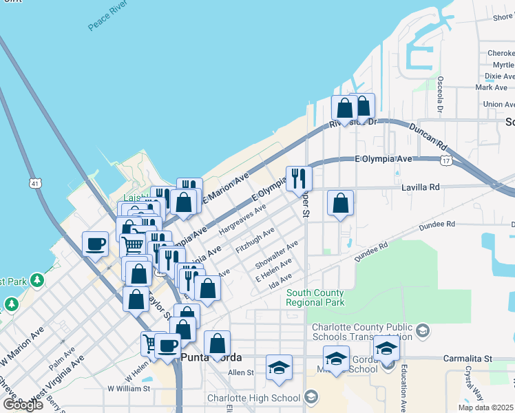 map of restaurants, bars, coffee shops, grocery stores, and more near 304 Mary Street in Punta Gorda