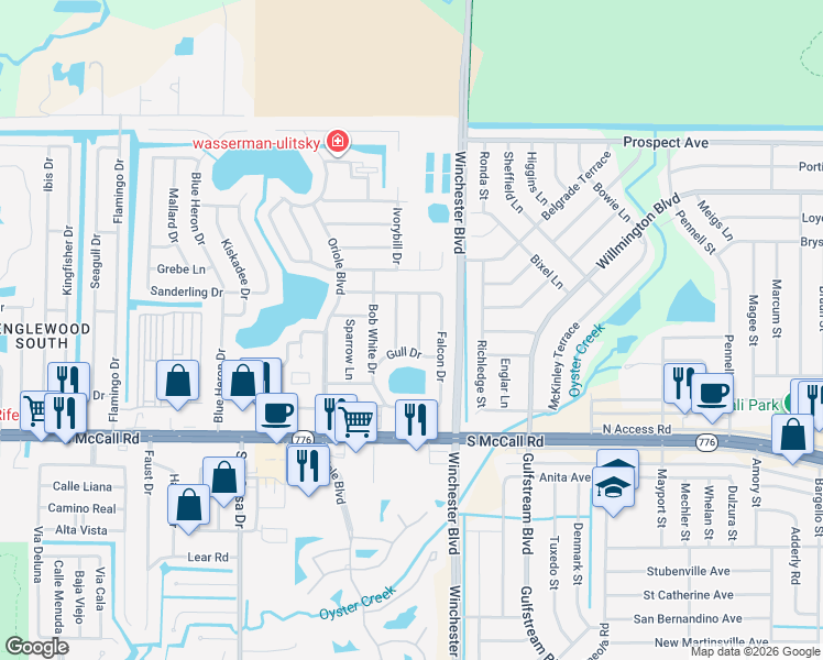 map of restaurants, bars, coffee shops, grocery stores, and more near 6263 Parakeet Road in Englewood