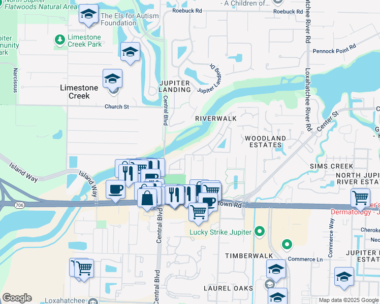 map of restaurants, bars, coffee shops, grocery stores, and more near 6287 Riverwalk Lane in Jupiter