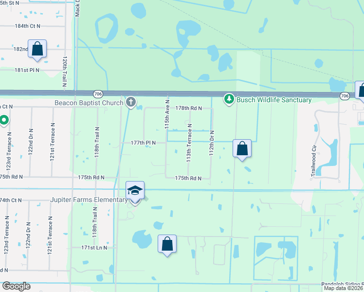 map of restaurants, bars, coffee shops, grocery stores, and more near 17731 113th Terrace North in Jupiter