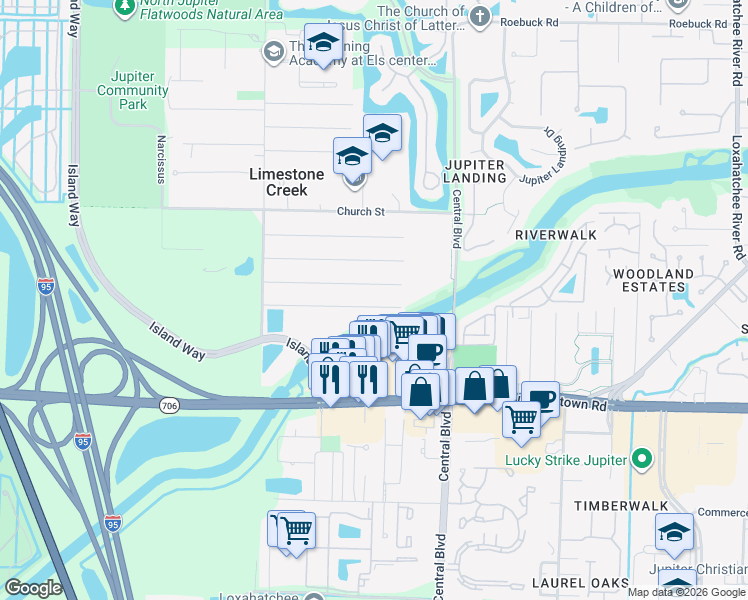 map of restaurants, bars, coffee shops, grocery stores, and more near 6709 1st Street in Jupiter