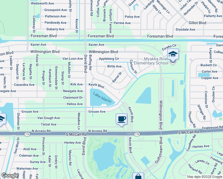 map of restaurants, bars, coffee shops, grocery stores, and more near 12499 Buffing Road in Port Charlotte