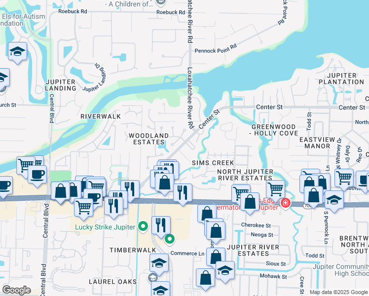 map of restaurants, bars, coffee shops, grocery stores, and more near 1862 Center Street in Jupiter