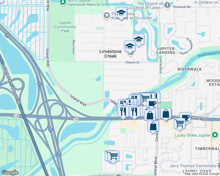 map of restaurants, bars, coffee shops, grocery stores, and more near 6943 1st Street in Jupiter