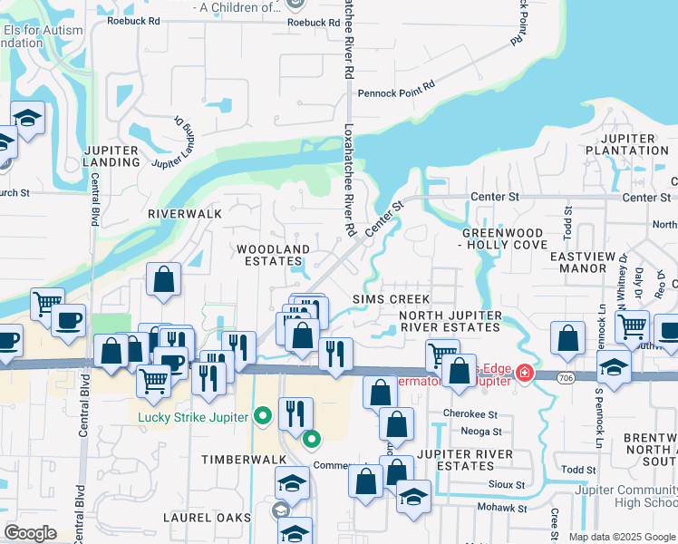 map of restaurants, bars, coffee shops, grocery stores, and more near 1862 Center Street in Jupiter