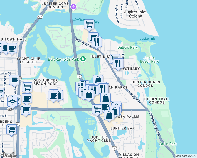 map of restaurants, bars, coffee shops, grocery stores, and more near 42 South River Road in Jupiter