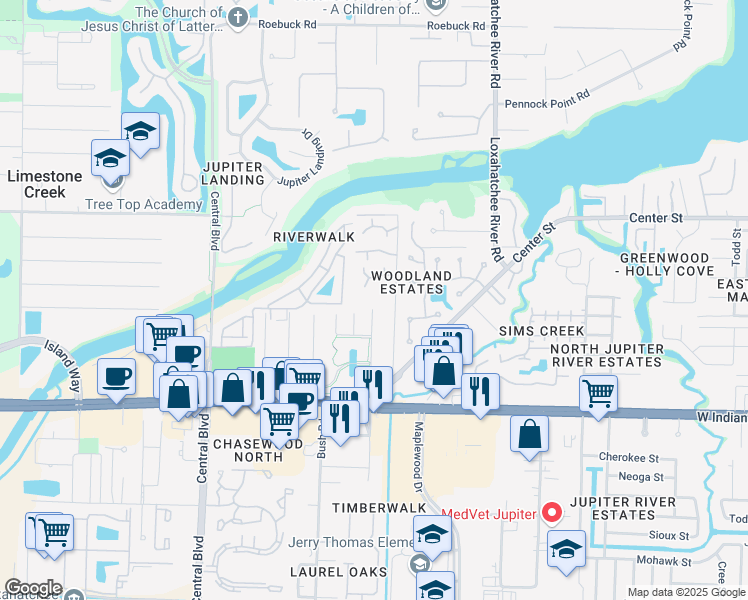 map of restaurants, bars, coffee shops, grocery stores, and more near 17781 Yancy Avenue in Jupiter