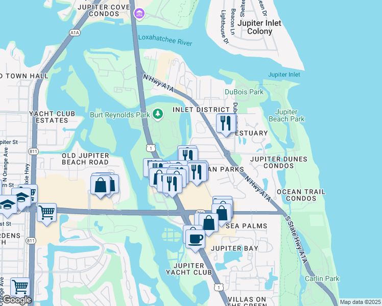 map of restaurants, bars, coffee shops, grocery stores, and more near 42 South River Road in Jupiter