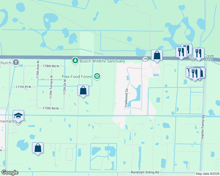 map of restaurants, bars, coffee shops, grocery stores, and more near 17745 108th Avenue North in Jupiter