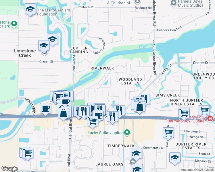 map of restaurants, bars, coffee shops, grocery stores, and more near 6254 Riverwalk Lane in Jupiter
