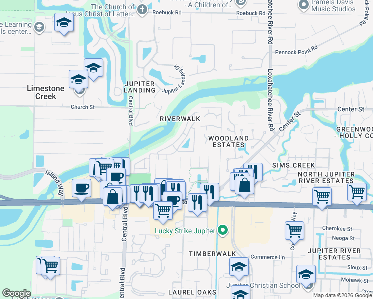 map of restaurants, bars, coffee shops, grocery stores, and more near 6254 Riverwalk Lane in Jupiter